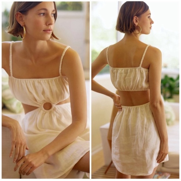Anthropologie Faithful The Brand Zuma Linen Cut-Out Mini Dress in Shell Size 10 - Picture 1 of 16